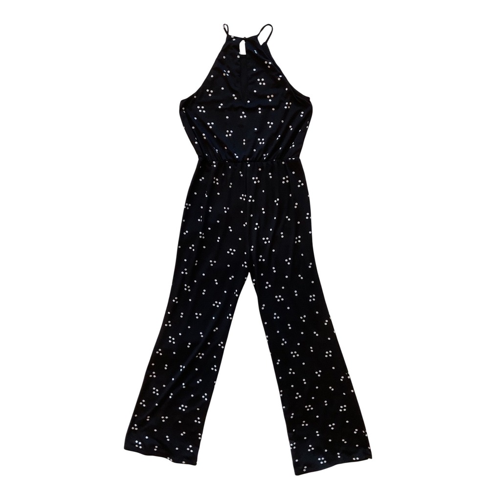 Superfoxx Womens Black Polka Dot Halter Wide Leg Jumpsuit Medium Elastic Waist‎
